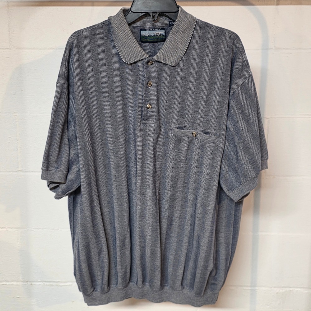 Vintage Clear Creek Mens Blue Textured Stripe Knit Polo Shirt Short Sleeve XXL‎